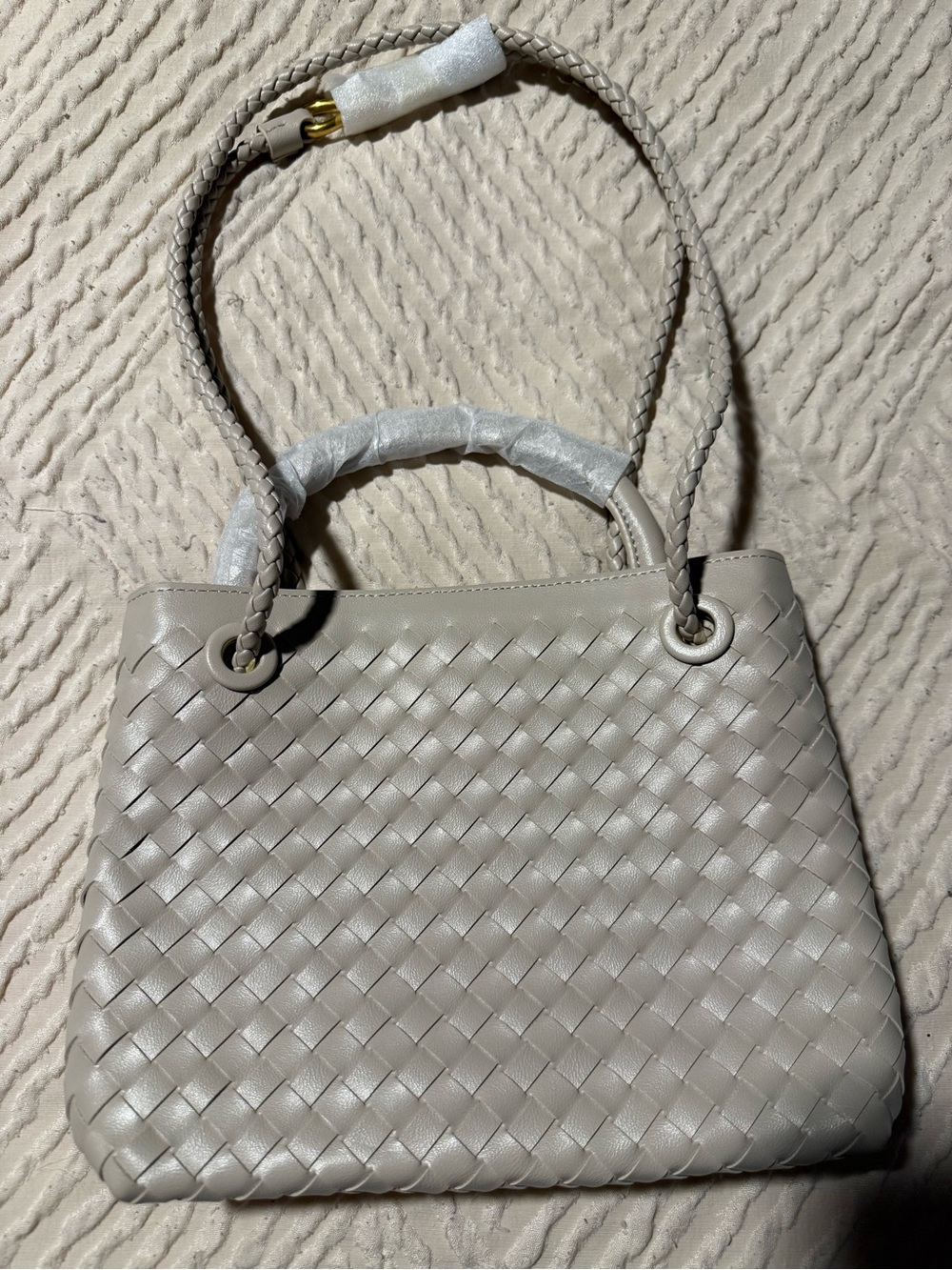Woven Leather Tote Bag - Taupe